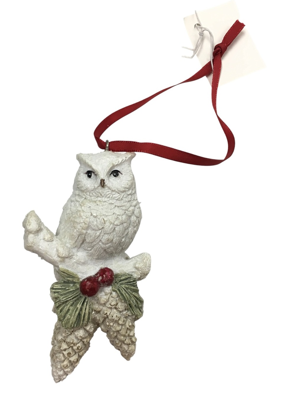 Snowy Owl Christmas Ornament Resin Glitter Pinecones Winter Berries Neutral NWT